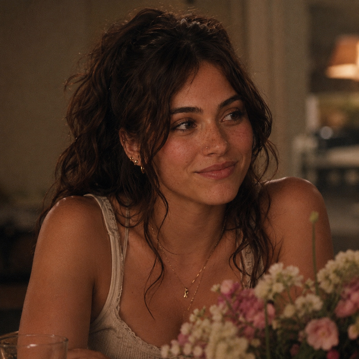 Woman with curly hair and freckles wearing a tank top indoors