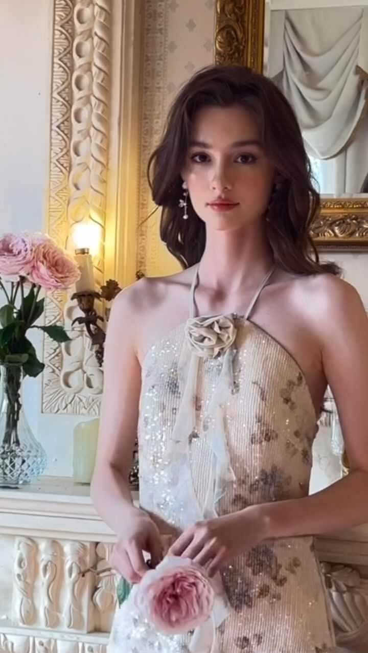 Woman in a sequin halter top dress holding a pink rose indoors