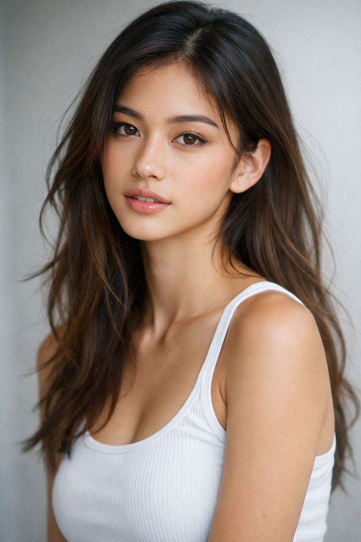 Woman with long brown hair wearing a white tank top, looking at the camera