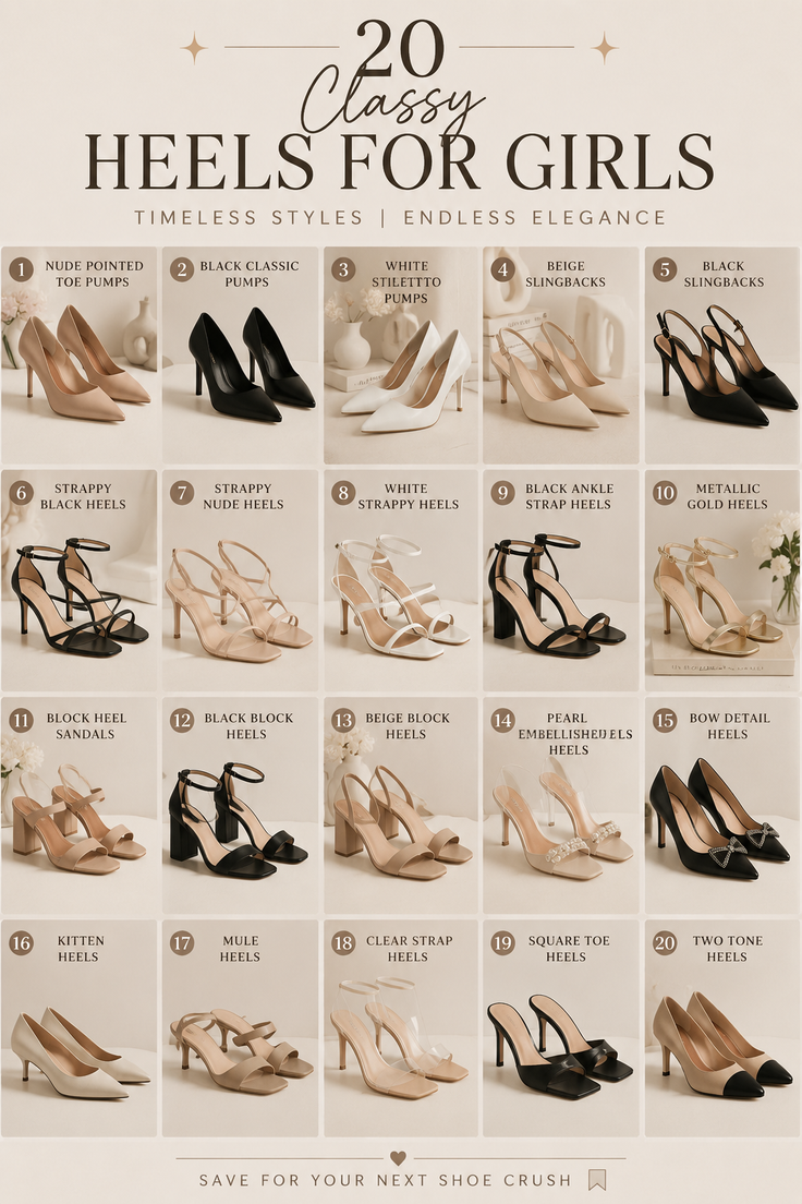 A collection of 20 different styles of high heels in neutral colors