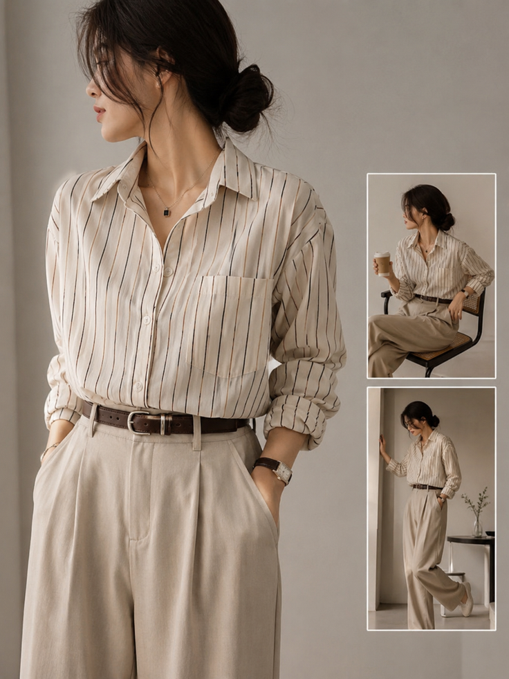 Woman in a striped shirt and wide leg pants with a brown belt
