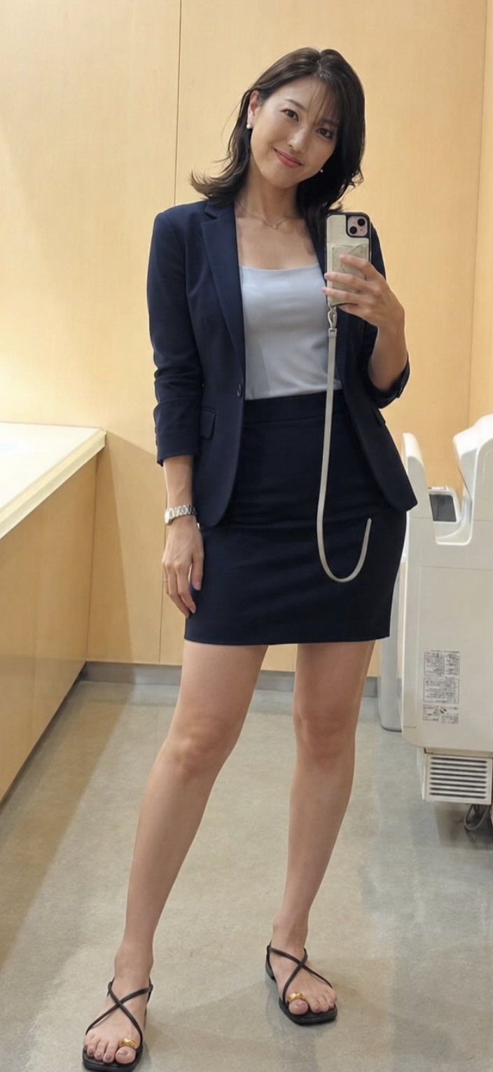 Woman in a navy suit and mini skirt taking a mirror selfie indoors