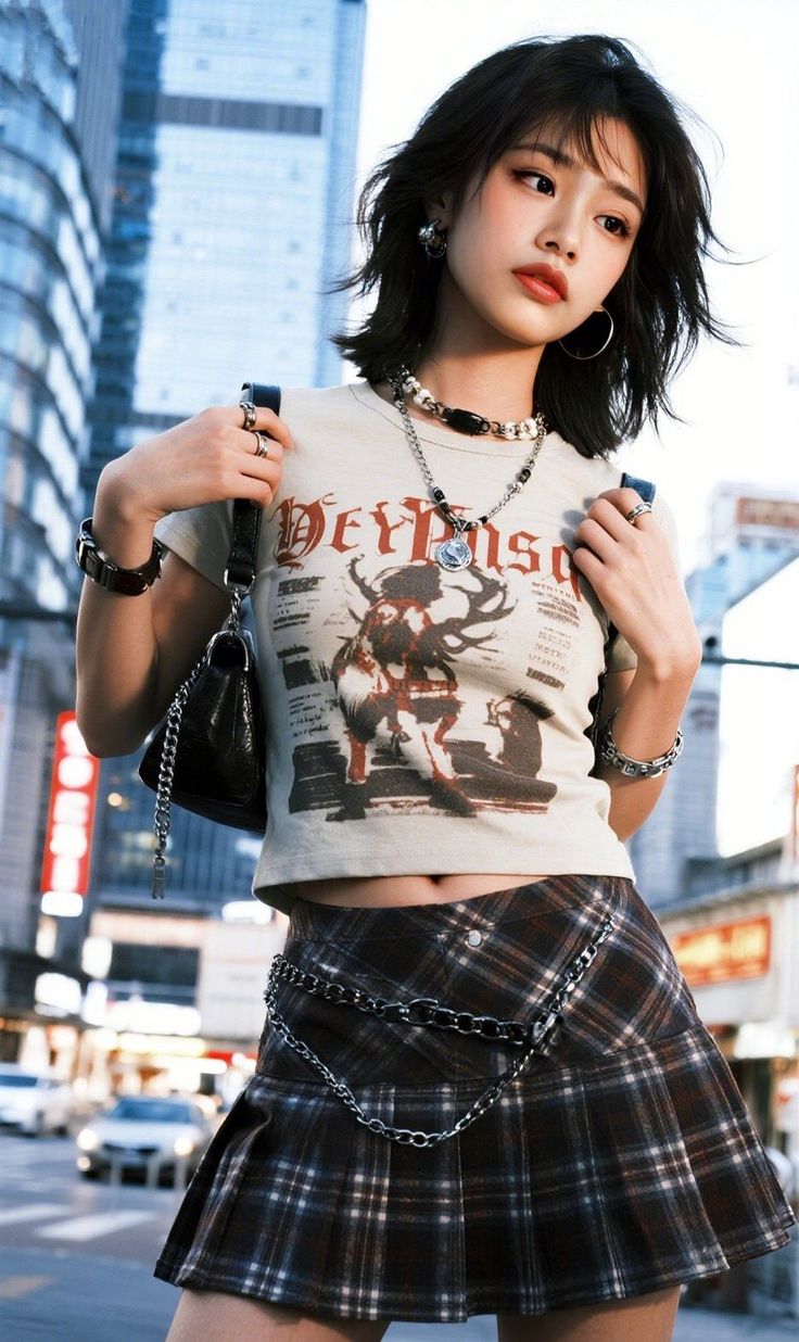 Woman with short hair in a plaid skirt and crop top on a city street