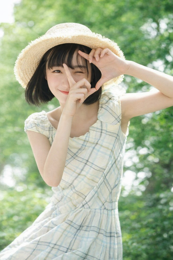 Woman in a straw hat and plaid dress winking outdoors
