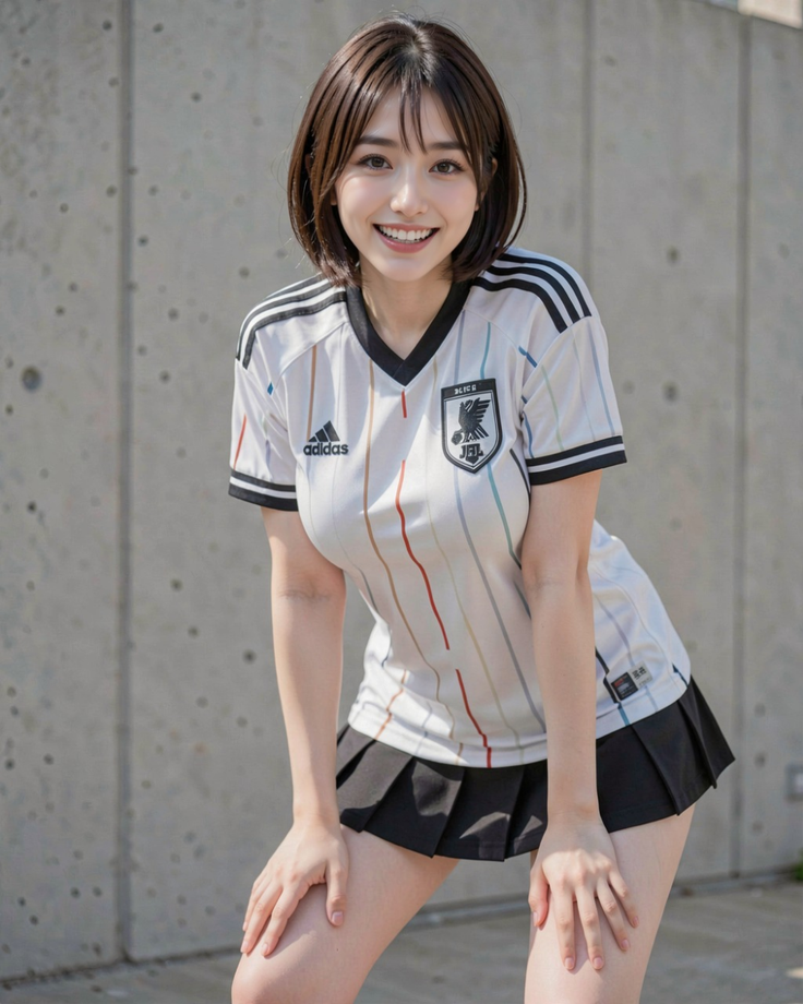 Woman in a soccer jersey and pleated skirt smiling outdoors
