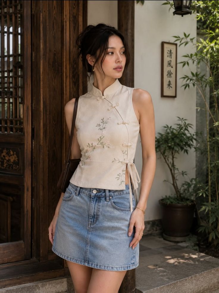 Woman in a cheongsam-style top and denim skirt standing outdoors