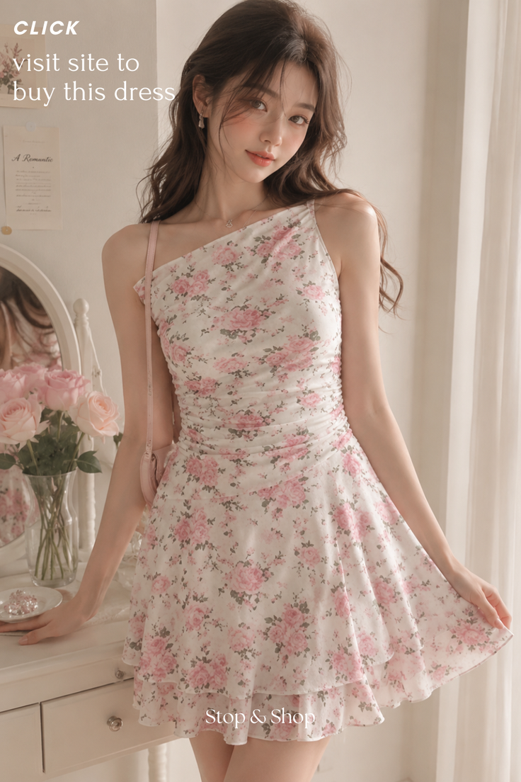 Woman in a white floral one-shoulder dress with pink roses indoors