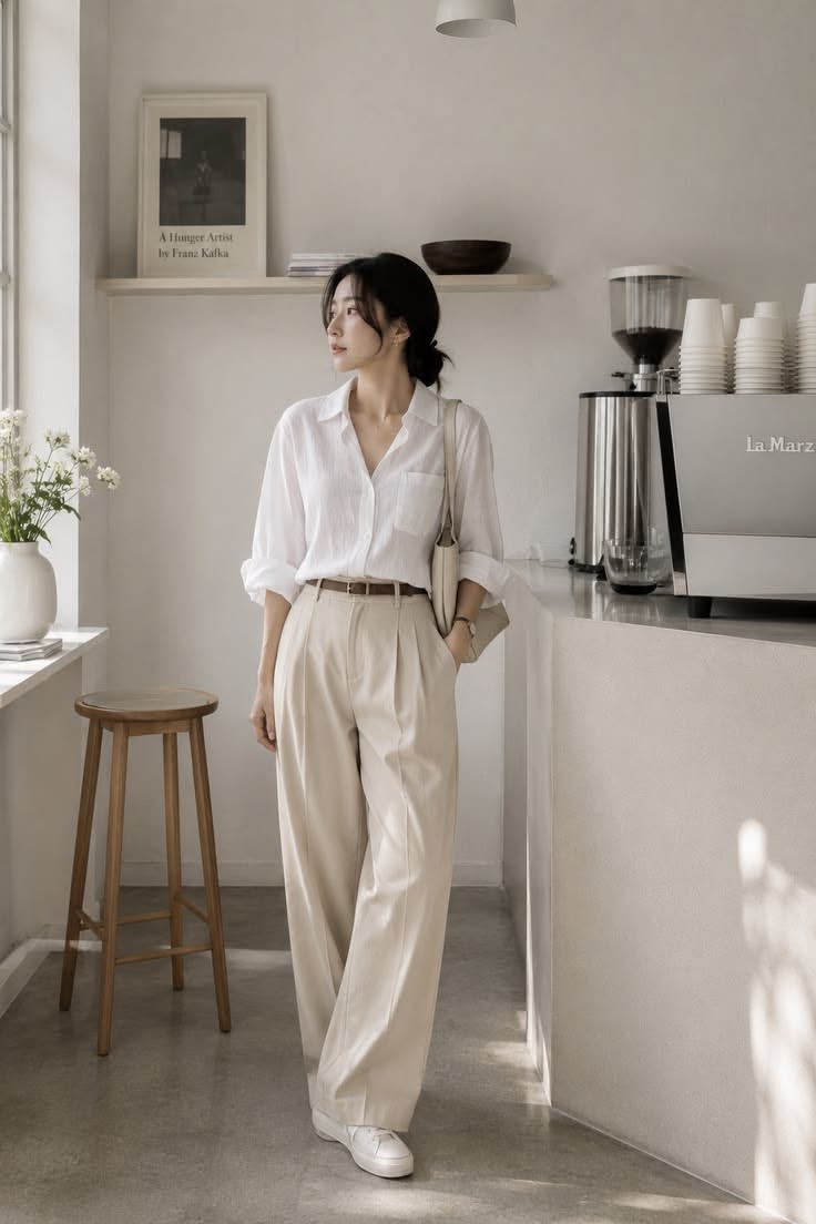 Woman in a white shirt and wide leg pants standing in a minimalist indoor setting
