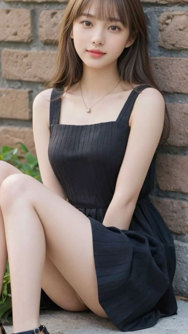 Woman in a black dress sitting outdoors against a brick wall