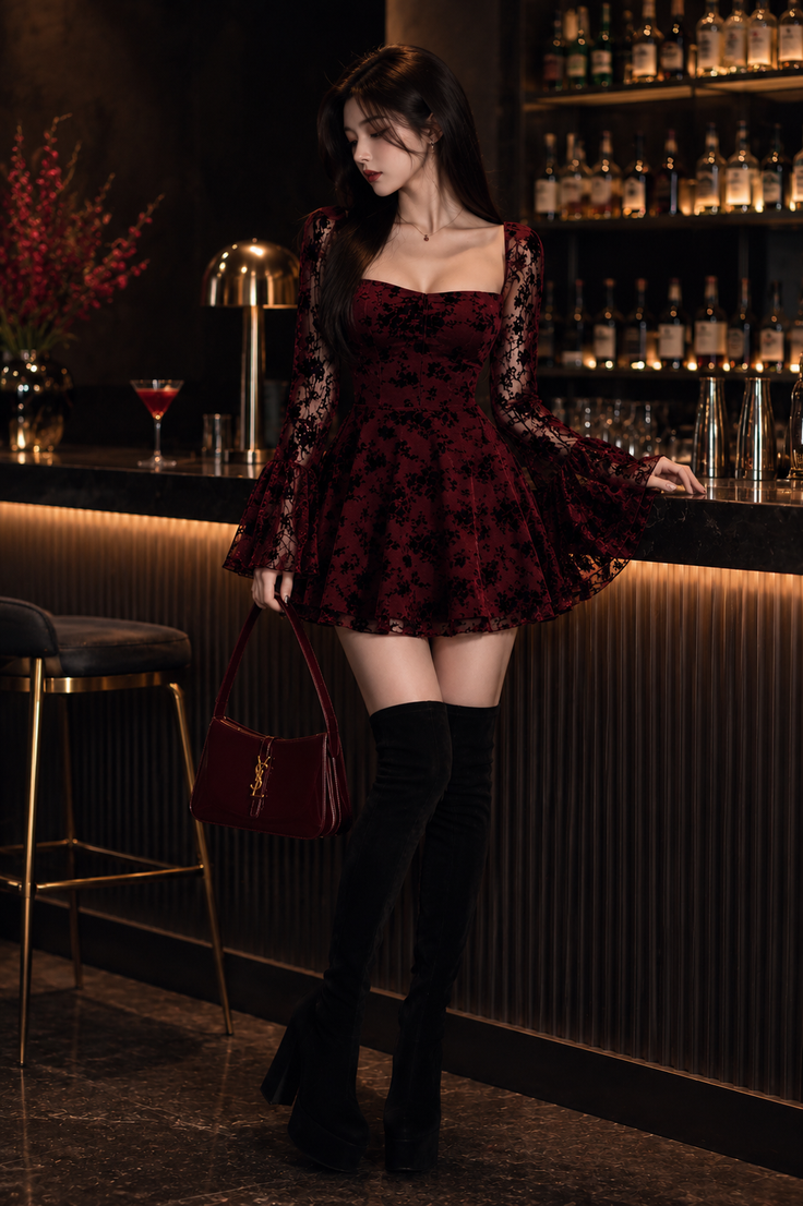 Woman in a red dress and thigh-high boots standing at a bar counter