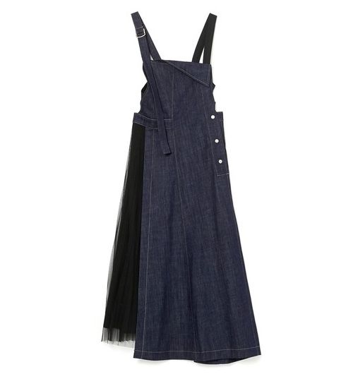 Dark wash denim midi dress with black tulle and button details