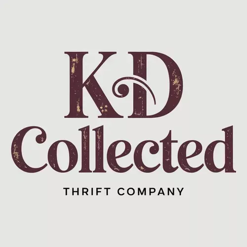 Logo with 'KD Collected Thrift Company' in distressed maroon text on a light background