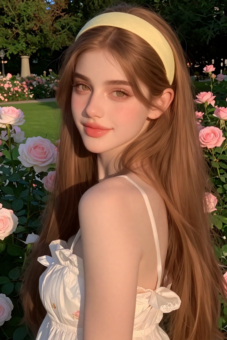 Woman with long hair and a white dress in a rose garden at golden hour