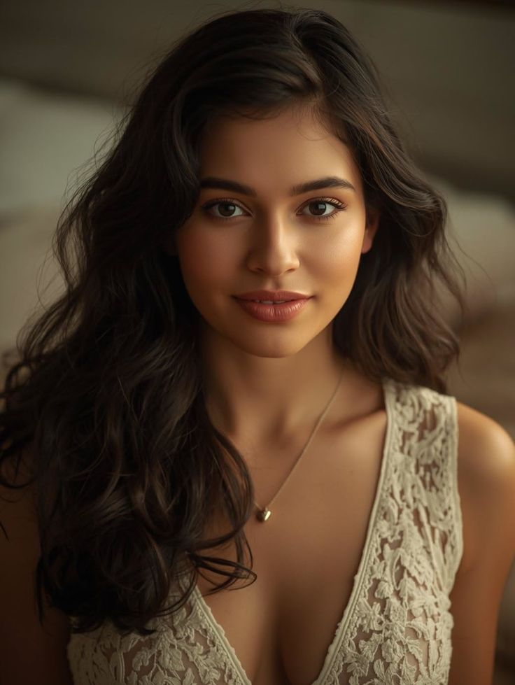 Woman with long dark hair wearing a lace top and heart necklace