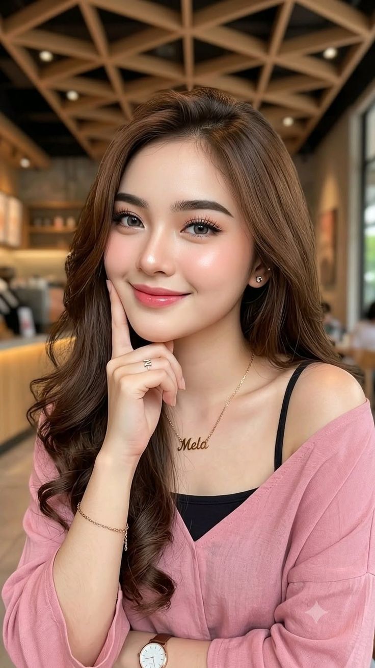 Woman with long brown hair wearing a pink top and a name necklace indoors