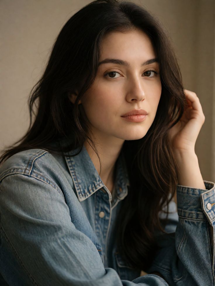 Woman with long dark hair wearing a denim jacket, looking at the camera