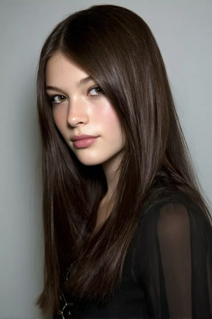 Woman with long dark hair and natural makeup wearing a sheer top