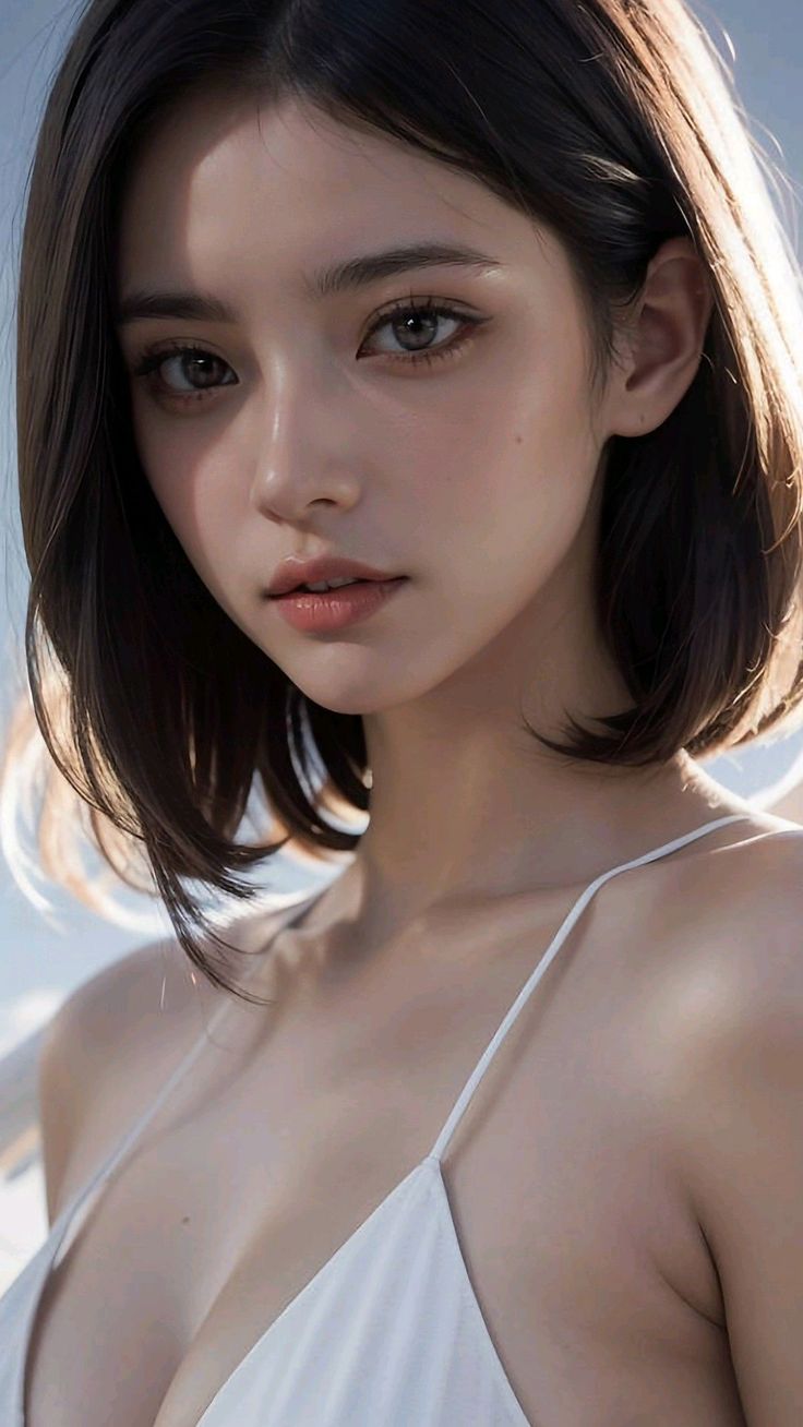 Woman with short dark hair in a white top with soft backlight