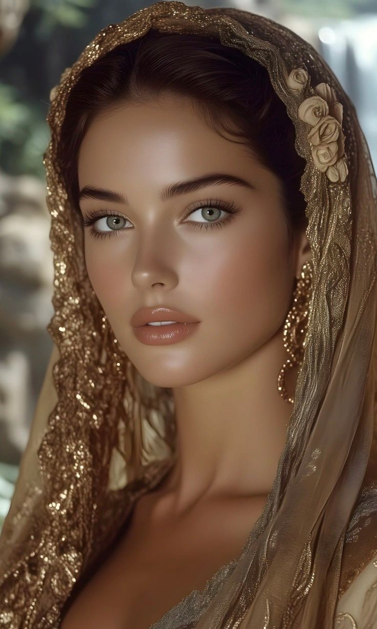 Woman with green eyes and a gold veil with floral details