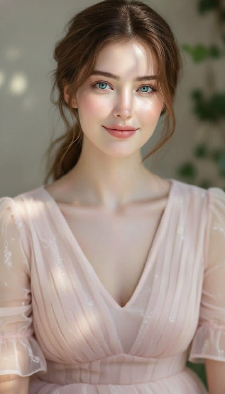 Woman with blue eyes and brown hair wearing a pink dress with soft lighting
