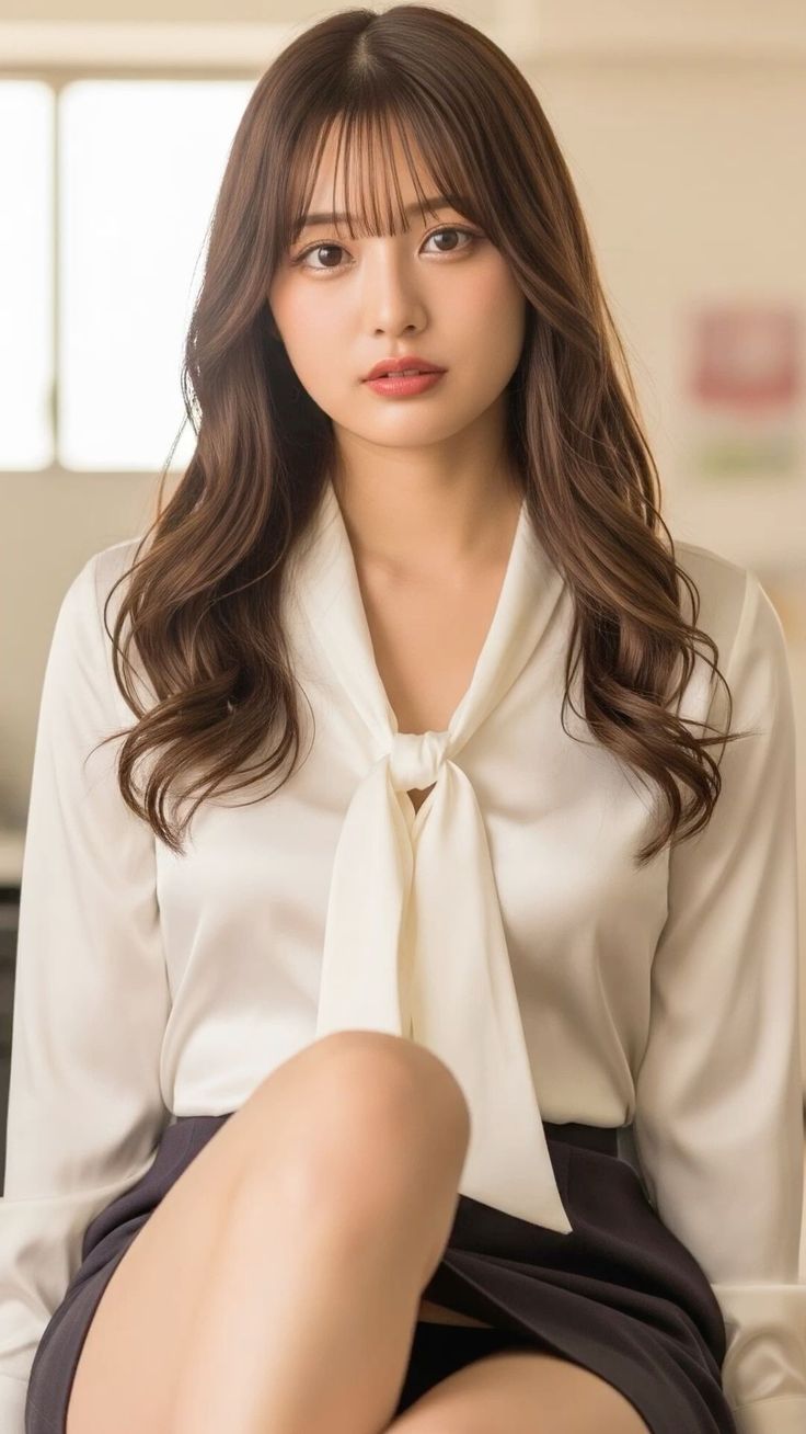 Woman with long hair and bangs wearing a white blouse and mini skirt