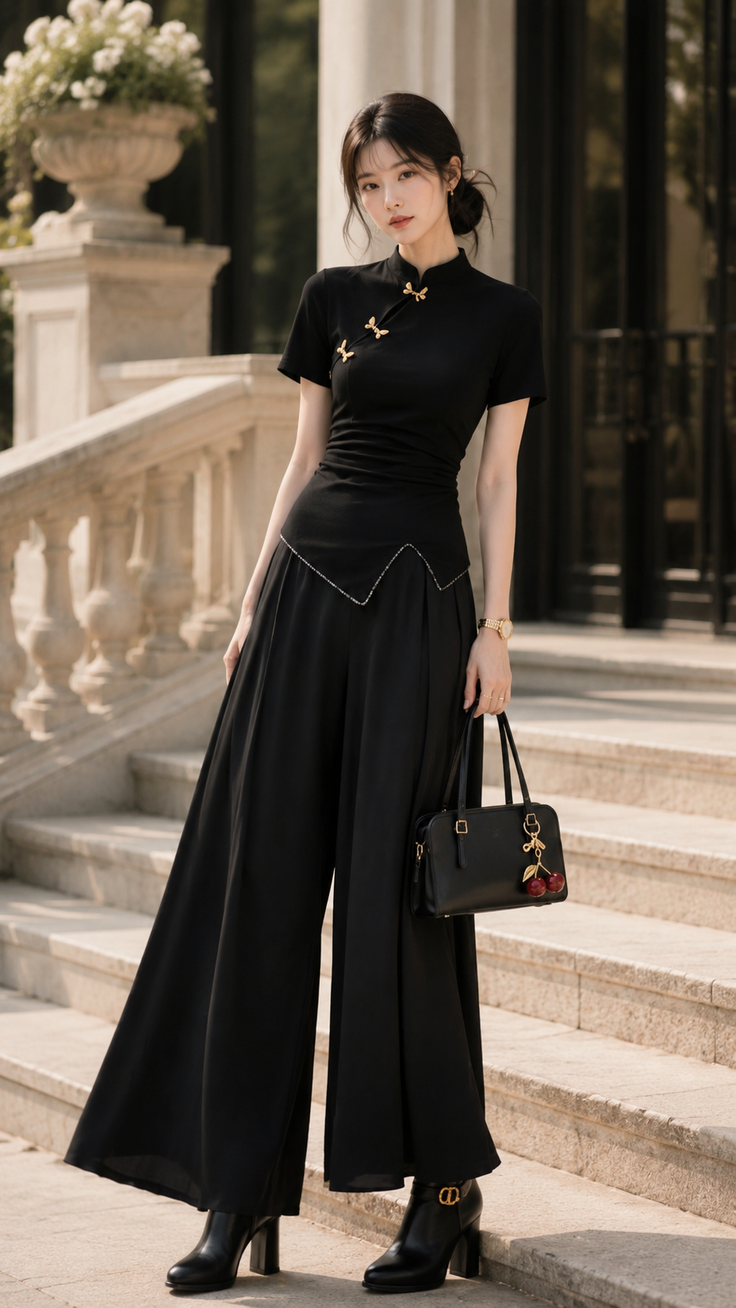 Woman in a black mandarin collar top and wide leg pants holding a handbag