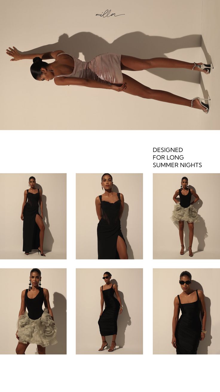 Multiple models posing in various dresses and outfits in a studio setting