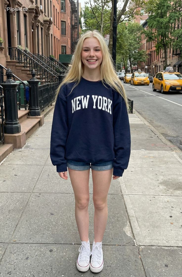Young woman with long blonde hair smiling on a city street