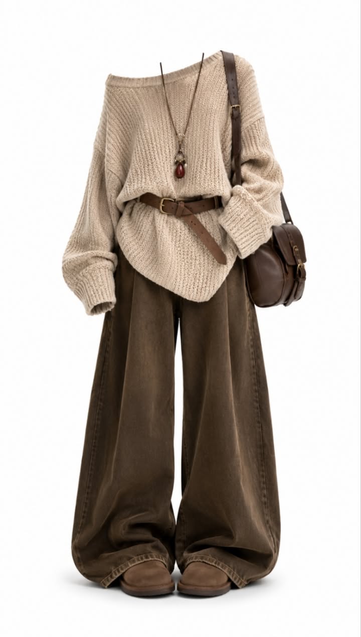 Full body shot of a neutral-toned outfit with a knitted sweater and wide leg pants