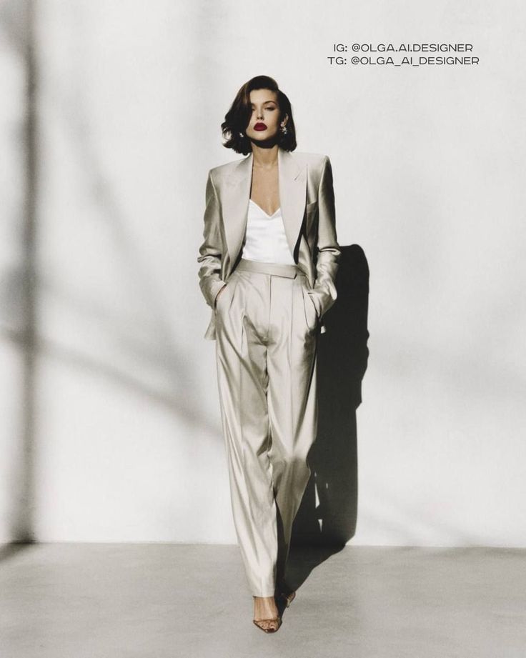 Woman in a light-colored suit with short hair and red lipstick standing indoors