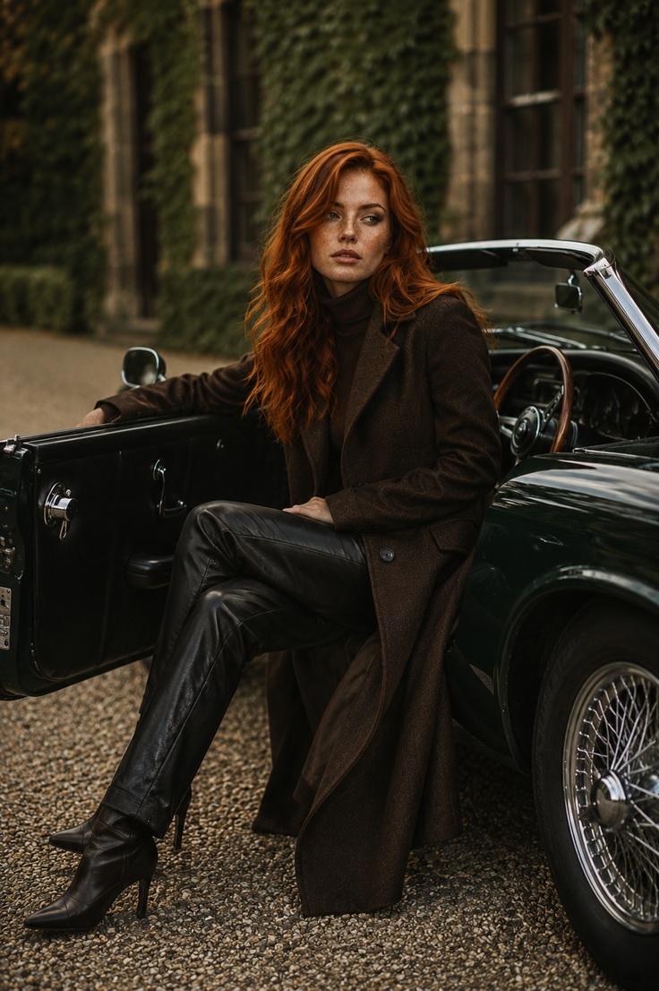 Woman with red hair and freckles in a long coat and leather pants, sitting in a convertible