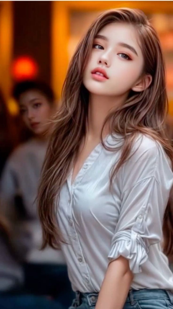 Woman with long brown hair wearing a white shirt, looking at the camera