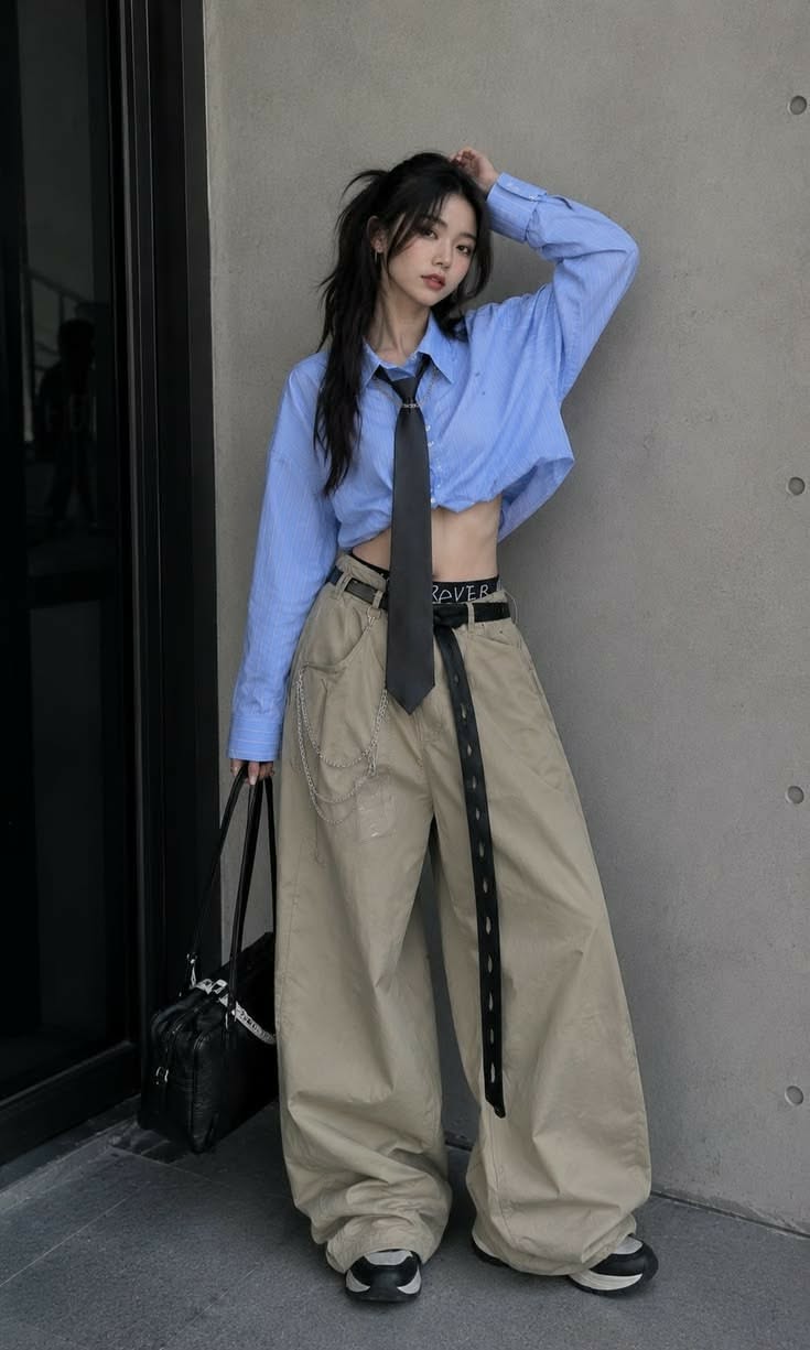 Woman in a cropped blue shirt and wide leg pants with a black tie