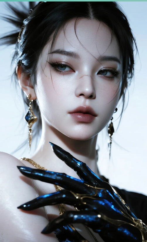 Woman with dark hair and blue eyes, wearing long earrings and dark, claw-like nails
