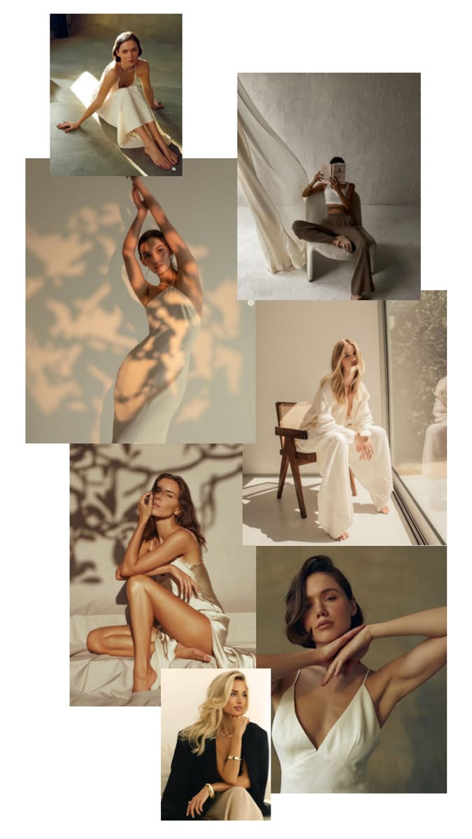 Collage of women in various poses and outfits with soft, natural lighting