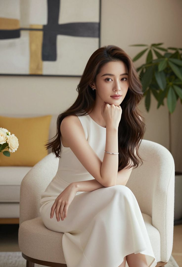 Woman in a white dress with long hair sitting in an indoor setting