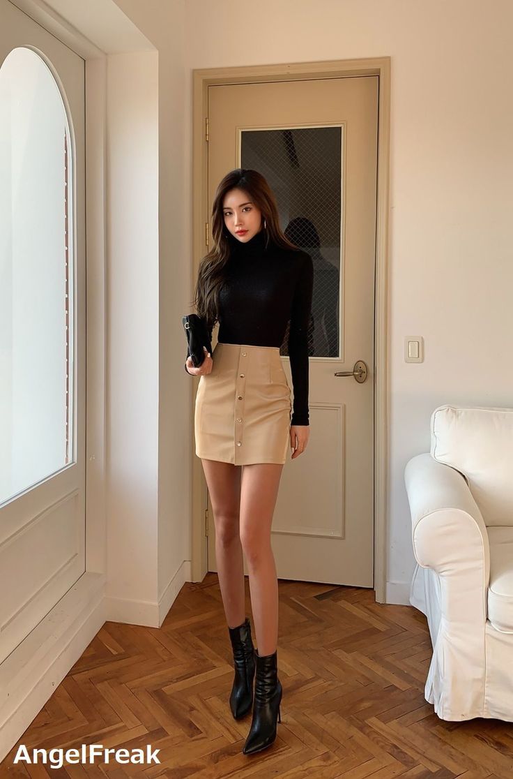 Woman in a black turtleneck and beige mini skirt with high heels indoors