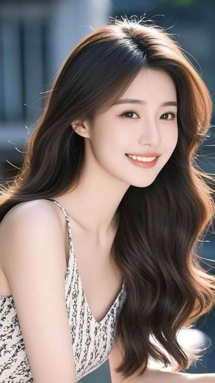 Woman with long wavy hair smiling in a spaghetti strap top