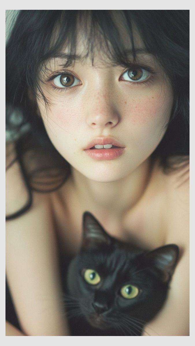 Woman with black hair and freckles holding a black cat