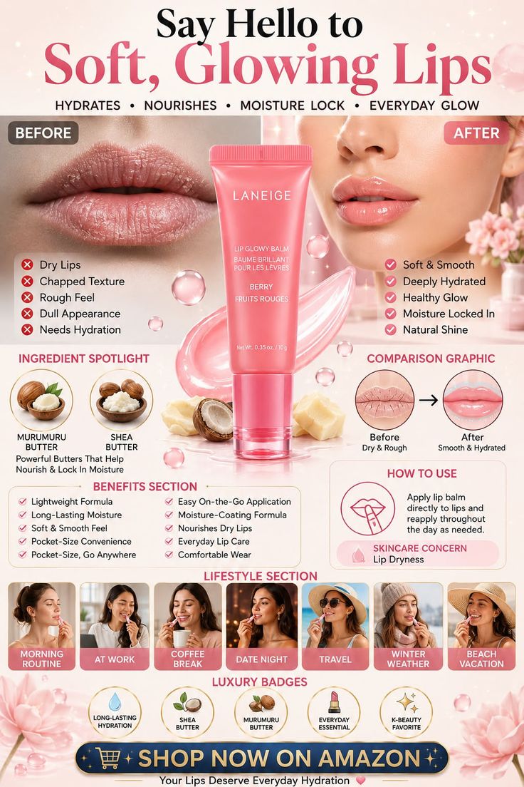 Product advertisement for lip balm with before and after images and lifestyle sections