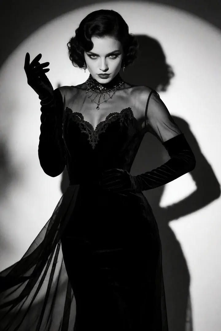 Woman in a black dress and long gloves in dramatic lighting