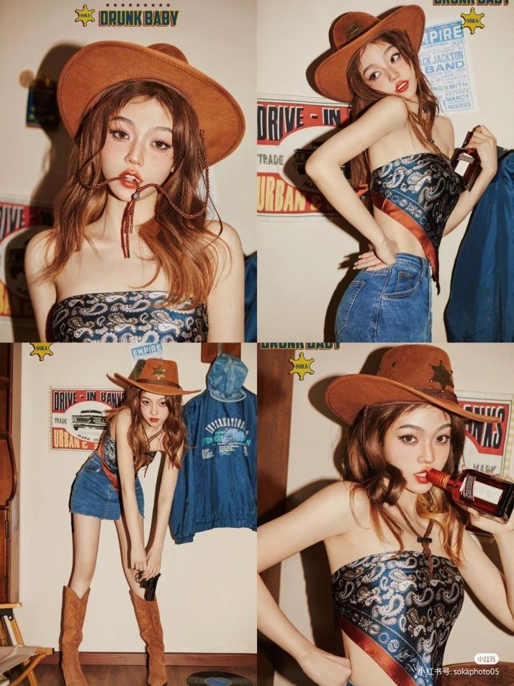 Woman in a cowboy hat and bandana top posing in a studio setting