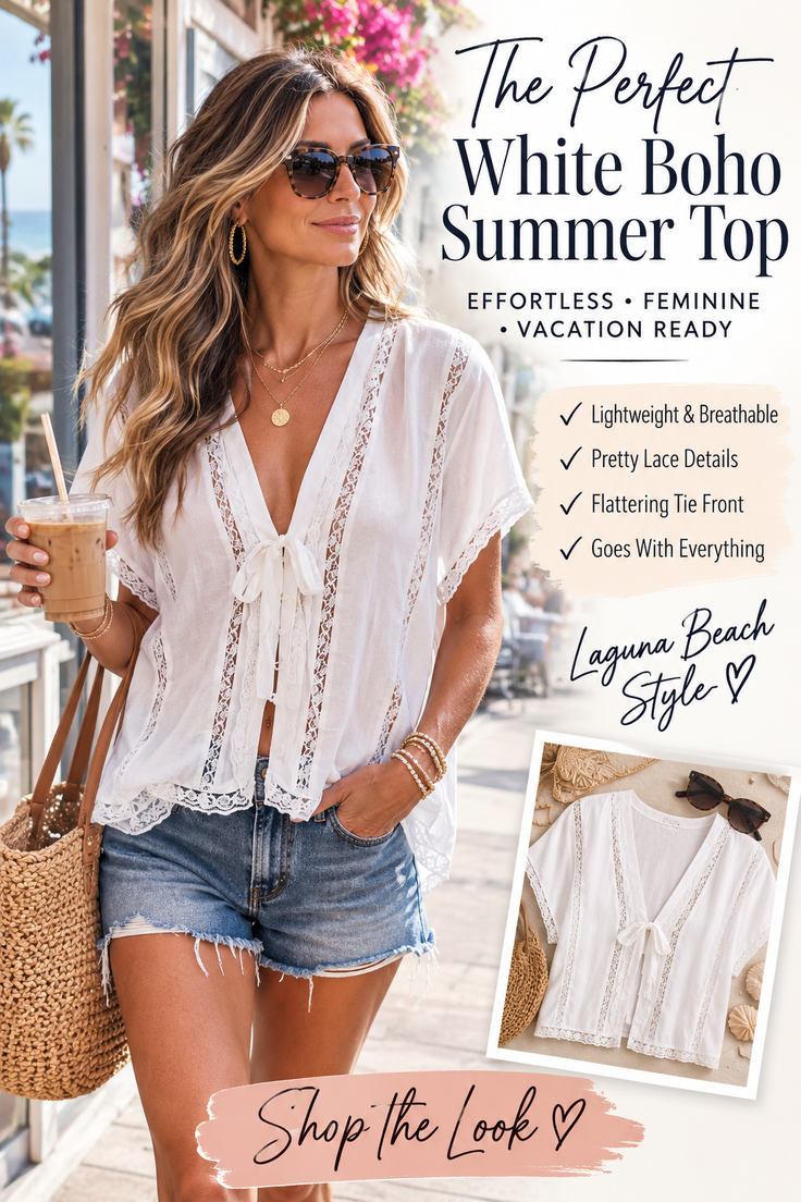 Woman in a white boho top and denim shorts holding iced coffee outdoors