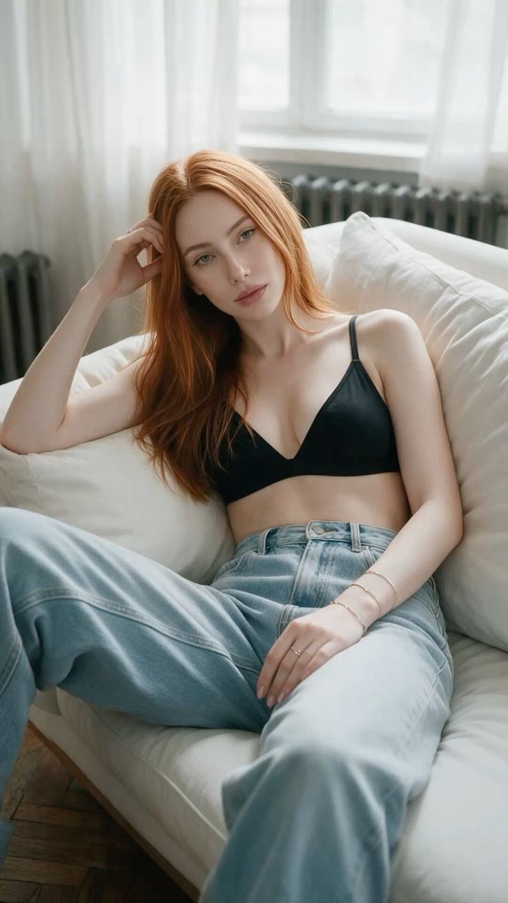 Woman with red hair wearing a black bra and jeans, sitting on a couch