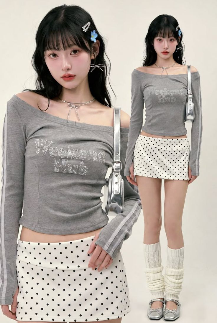 Woman in a gray off-shoulder top and polka dot skirt with leg warmers