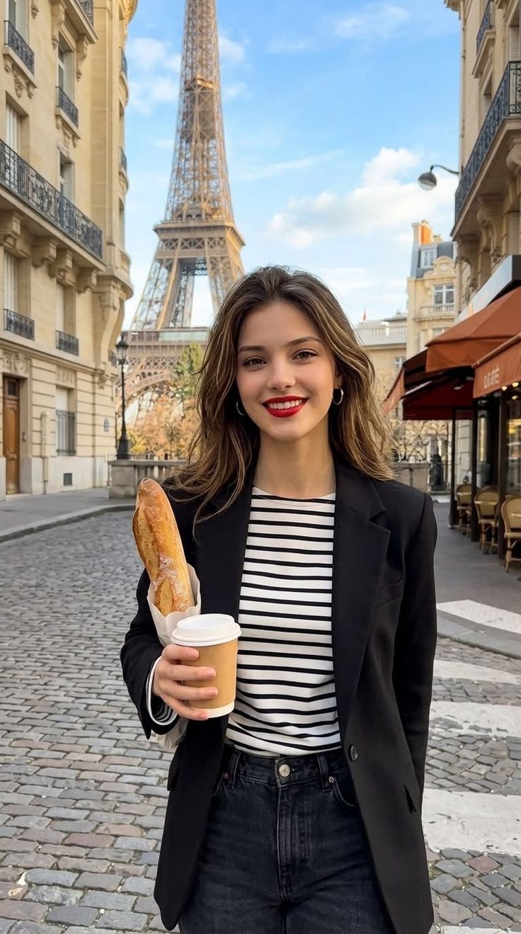 Woman holding a baguette and coffee on a cobblestone street with the Eiffel Tower in the background