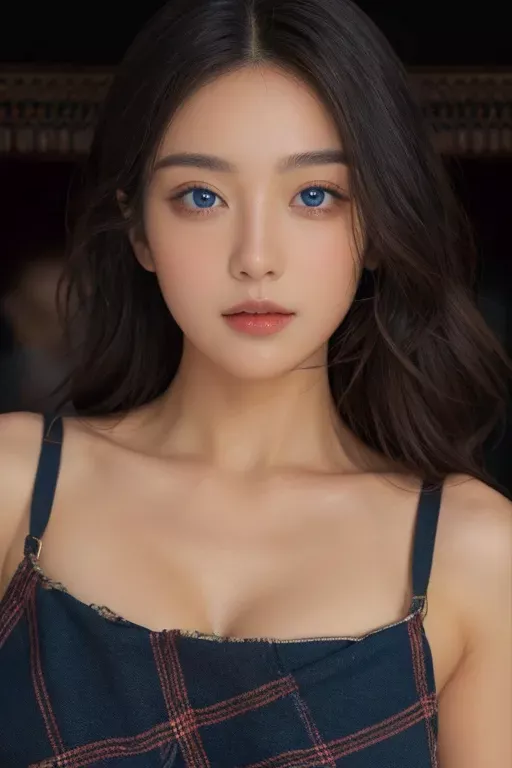 Woman with long dark hair and blue eyes wearing a plaid top
