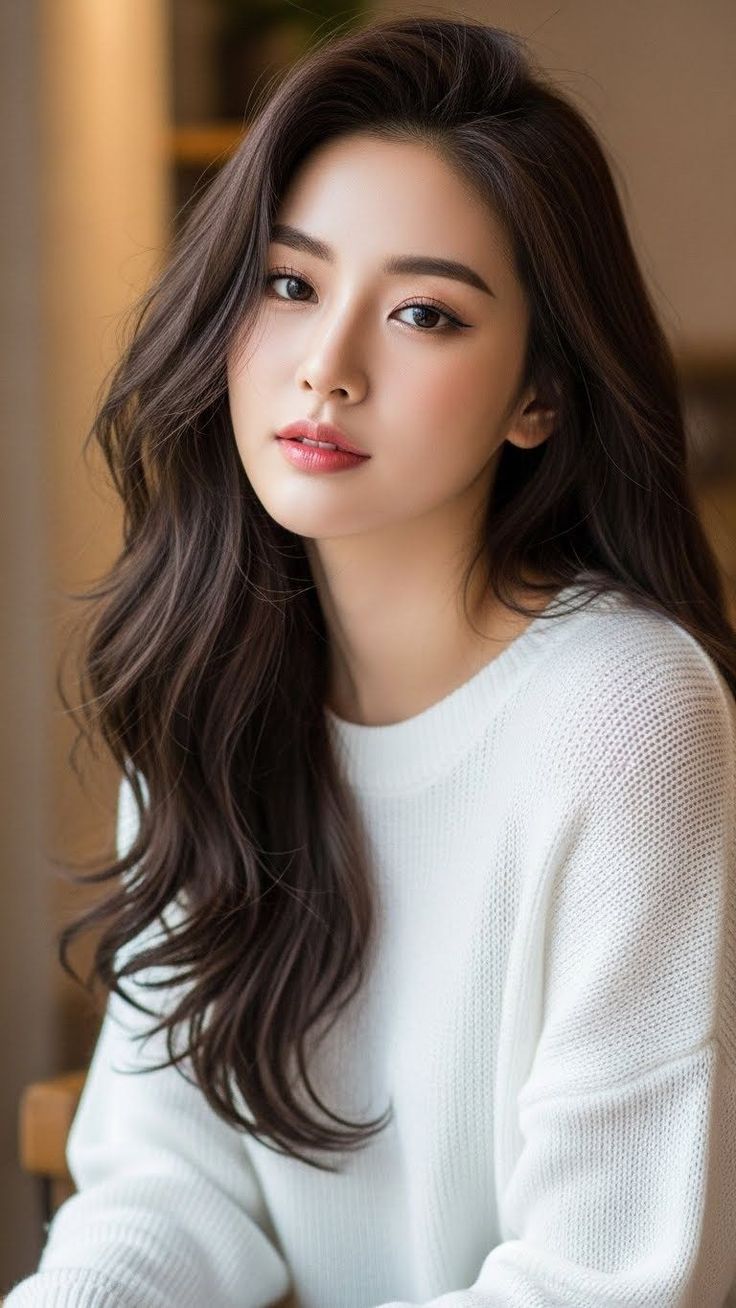 Woman with long wavy dark hair wearing a white sweater, looking at the camera