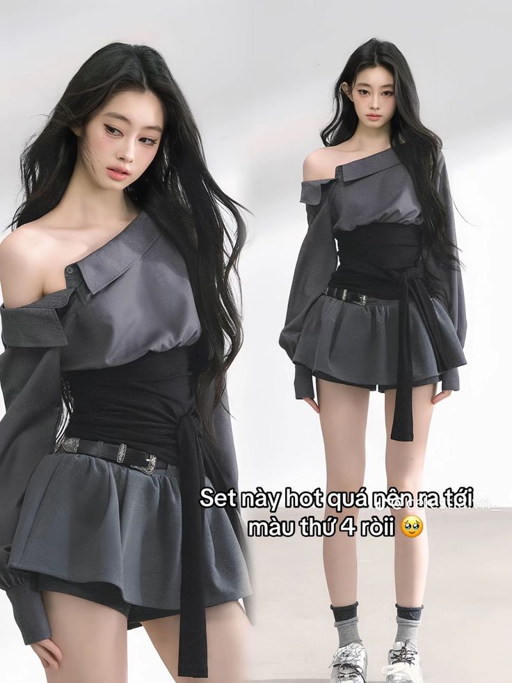 Woman with long black hair wearing an off-shoulder top and mini skirt