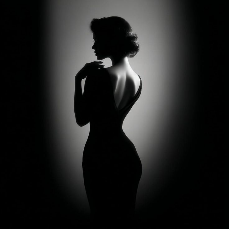 Woman in a black backless dress with dramatic backlight